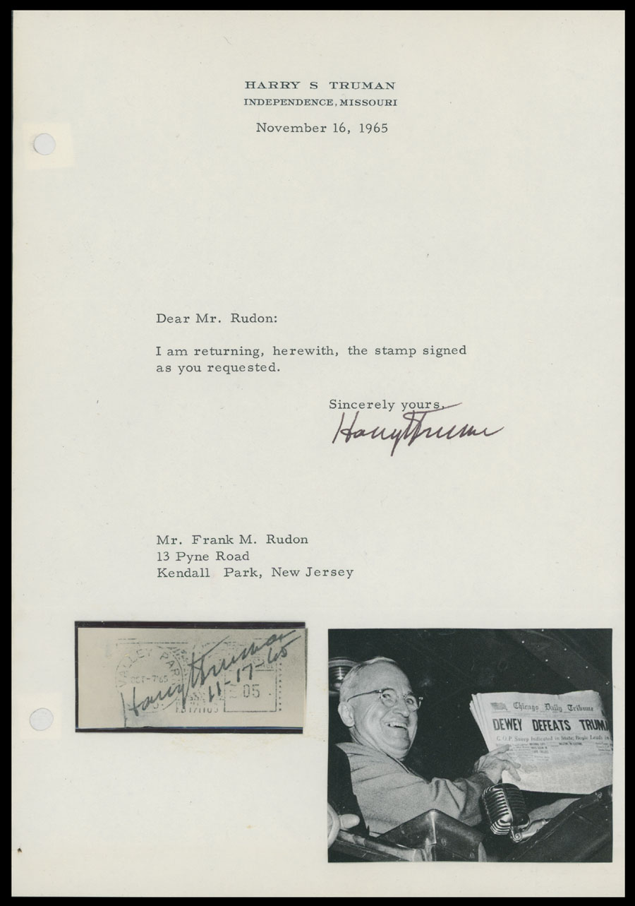 Lot 1 - autographs of famous people The Frank M. Rudon Collection -  Raritan Stamps Inc. Live Bidding Auction #89