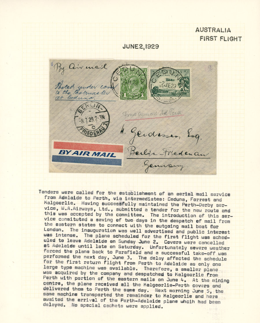 Lot 17 - Worldwide Pioneer Flights Australia -  Raritan Stamps Inc. Live Bidding Auction #92