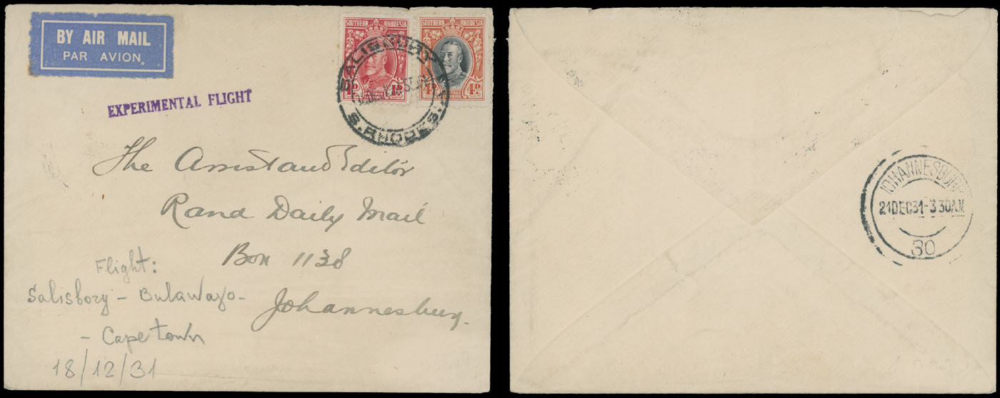 Lot 129 - 1. Worldwide Air Post Stamps and Postal History southern rhodesia -  Raritan Stamps Inc. Auction #93 Worldwide Air Post stamps and postal history, Zeppelin Flight items, philatelic rarities of the World