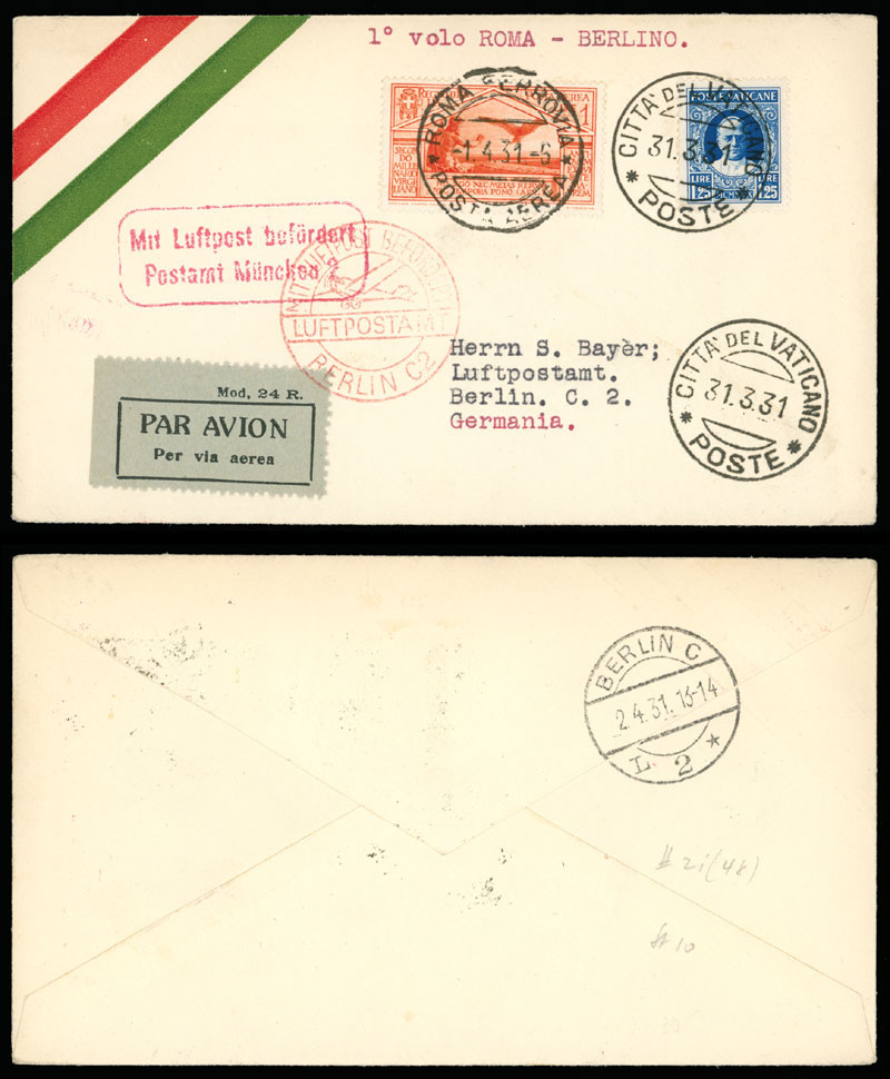 Lot 183 - 1. Worldwide Air Post Stamps and Postal History Vatican City -  Raritan Stamps Inc. Auction #93 Worldwide Air Post stamps and postal history, Zeppelin Flight items, philatelic rarities of the World