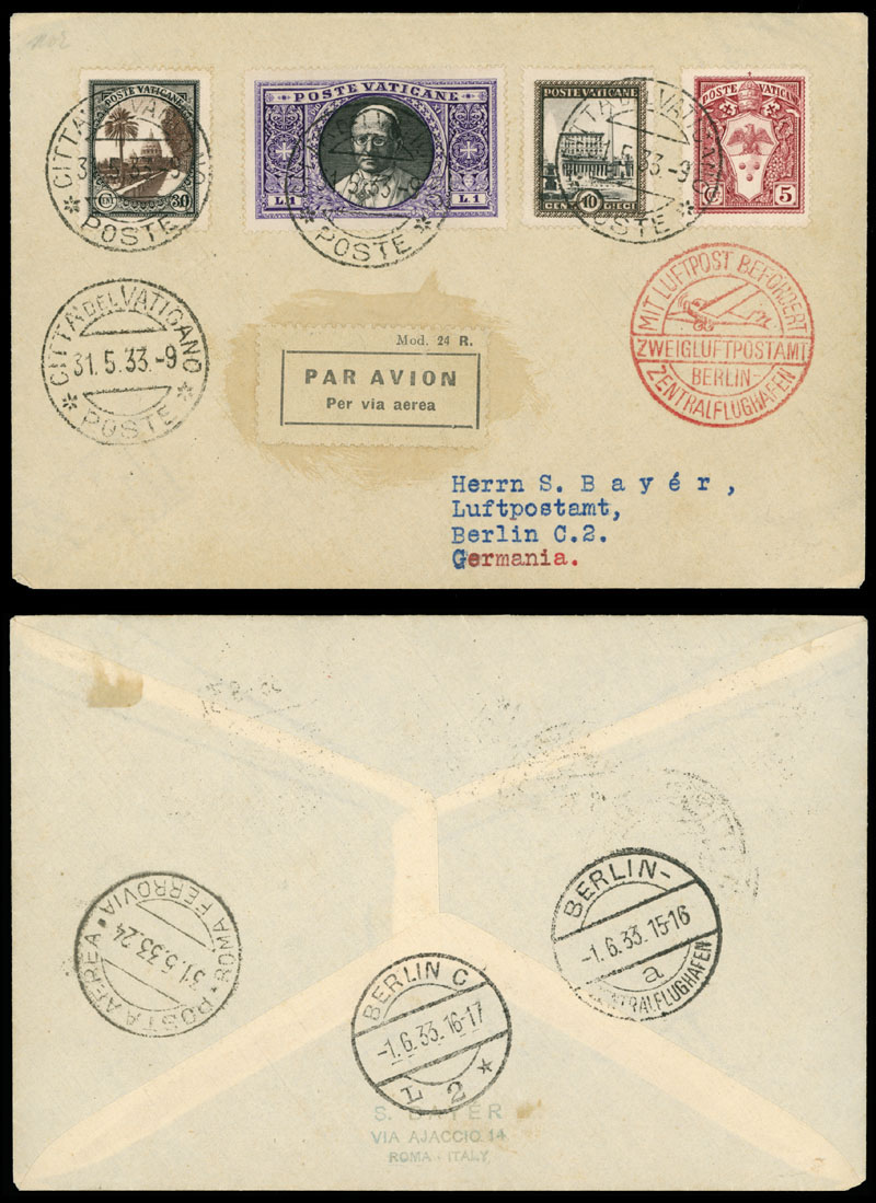 Lot 186 - 1. Worldwide Air Post Stamps and Postal History Vatican City -  Raritan Stamps Inc. Auction #93 Worldwide Air Post stamps and postal history, Zeppelin Flight items, philatelic rarities of the World