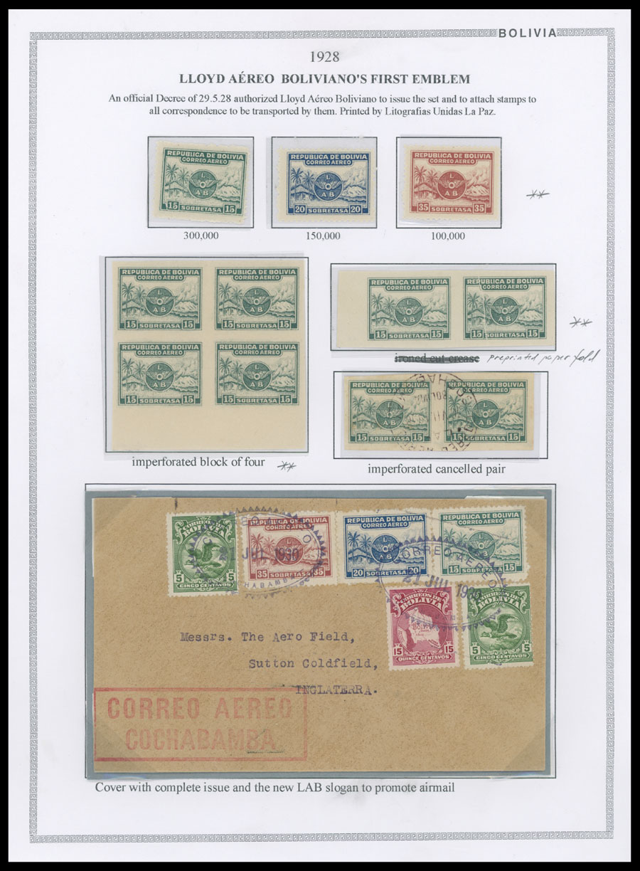 Lot 19 - 1. Worldwide Air Post Stamps and Postal History bolivia -  Raritan Stamps Inc. Auction #93 Worldwide Air Post stamps and postal history, Zeppelin Flight items, philatelic rarities of the World