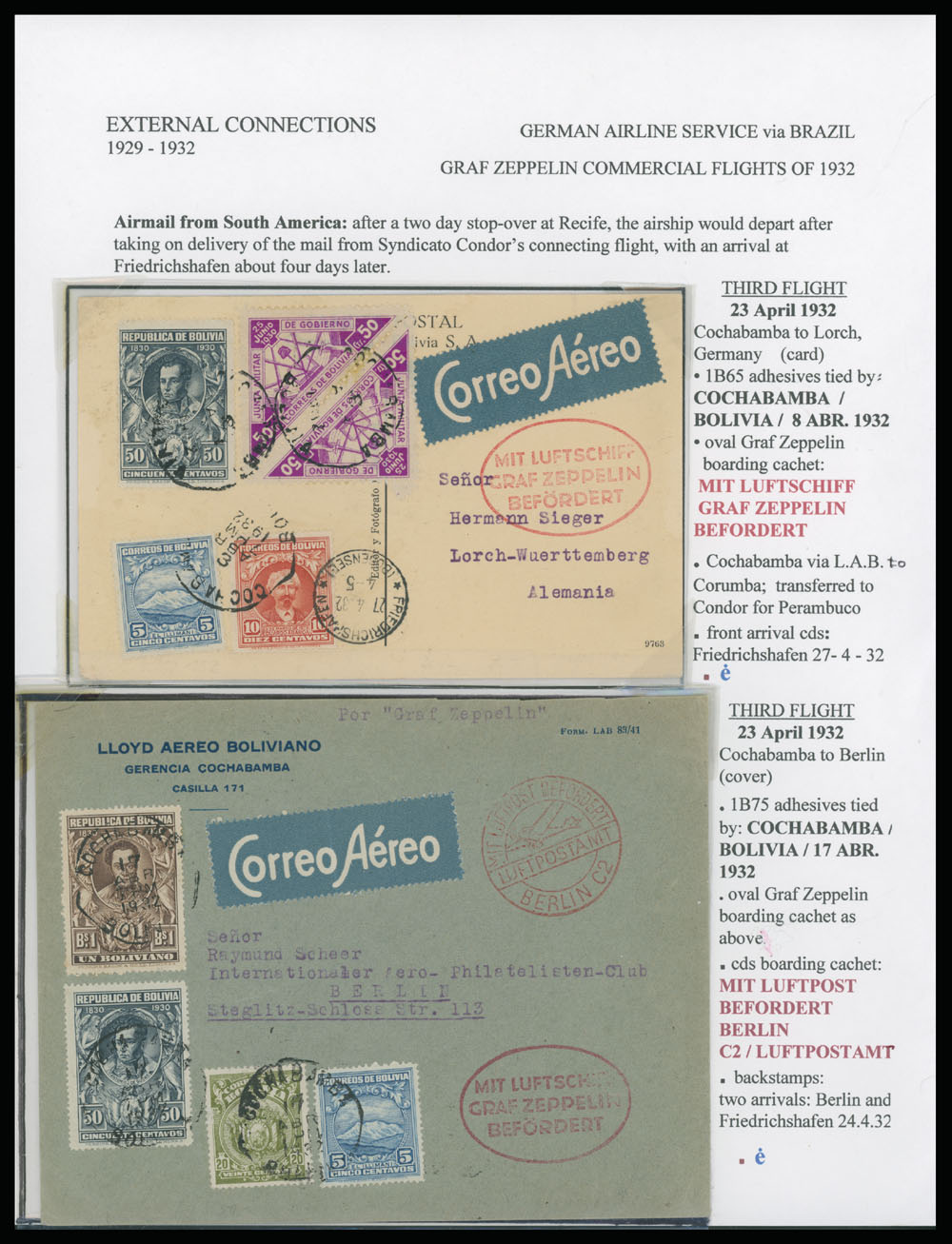 Lot 208 - 2. Worldwide Zeppelin Flights bolivia -  Raritan Stamps Inc. Auction #93 Worldwide Air Post stamps and postal history, Zeppelin Flight items, philatelic rarities of the World
