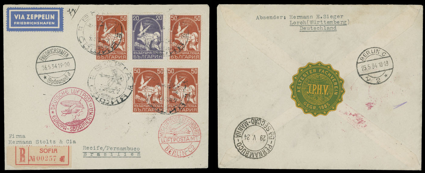 Lot 213 - 2. Worldwide Zeppelin Flights Bulgaria -  Raritan Stamps Inc. Auction #93 Worldwide Air Post stamps and postal history, Zeppelin Flight items, philatelic rarities of the World