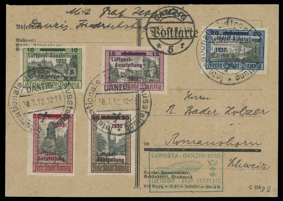 Lot 215 - 2. Worldwide Zeppelin Flights danzig -  Raritan Stamps Inc. Auction #93 Worldwide Air Post stamps and postal history, Zeppelin Flight items, philatelic rarities of the World
