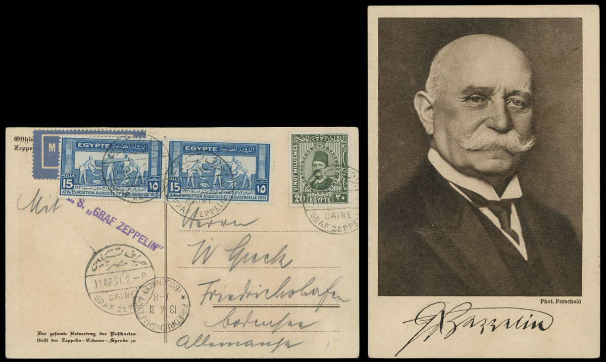 Lot 216 - 2. Worldwide Zeppelin Flights Egypt -  Raritan Stamps Inc. Auction #93 Worldwide Air Post stamps and postal history, Zeppelin Flight items, philatelic rarities of the World