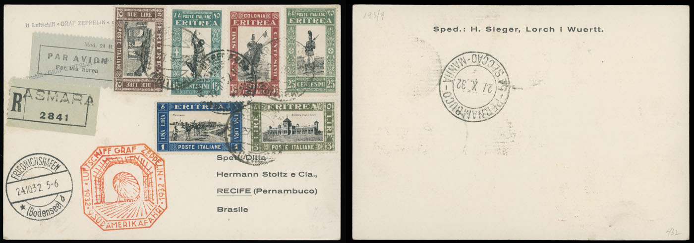 Lot 217 - 2. Worldwide Zeppelin Flights eritrea -  Raritan Stamps Inc. Auction #93 Worldwide Air Post stamps and postal history, Zeppelin Flight items, philatelic rarities of the World