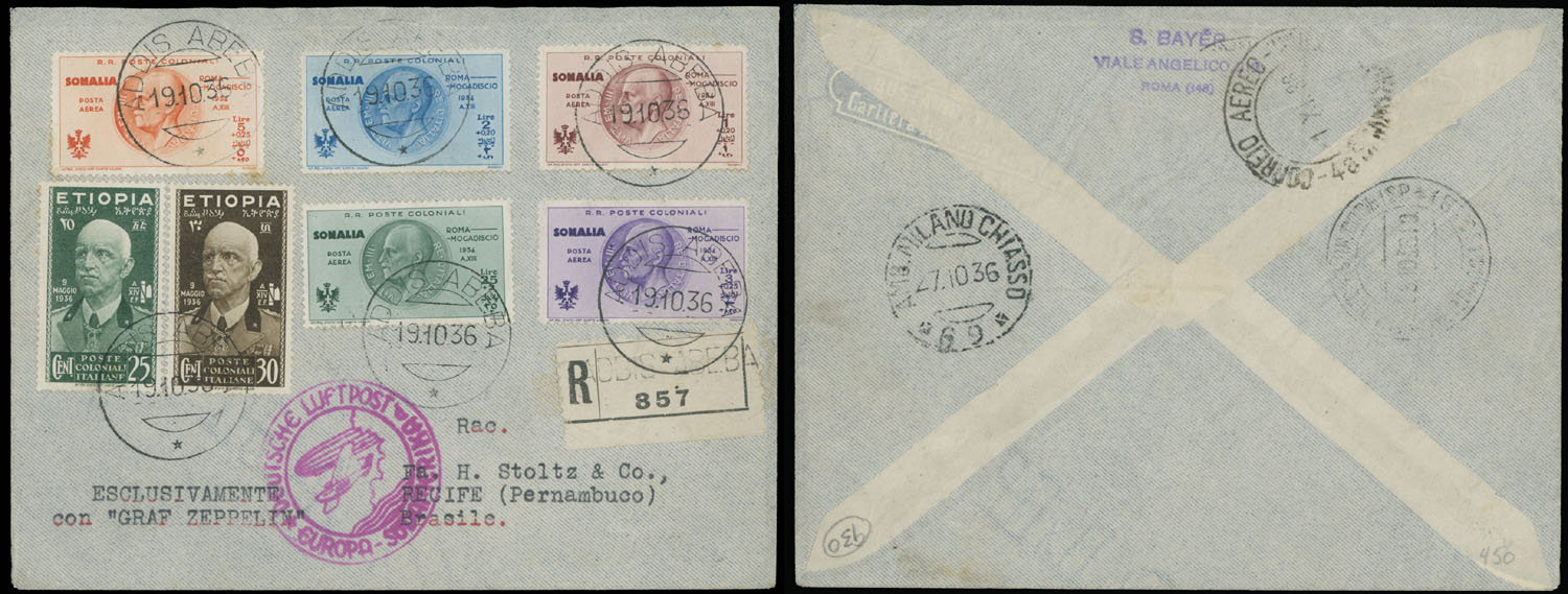 Lot 218 - 2. Worldwide Zeppelin Flights Ethiopia (under Italian Occupation) -  Raritan Stamps Inc. Auction #93 Worldwide Air Post stamps and postal history, Zeppelin Flight items, philatelic rarities of the World