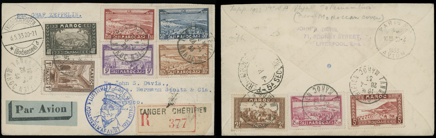 Lot 220 - 2. Worldwide Zeppelin Flights french morocco -  Raritan Stamps Inc. Auction #93 Worldwide Air Post stamps and postal history, Zeppelin Flight items, philatelic rarities of the World