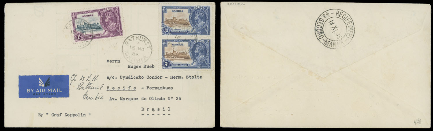 Lot 221 - 2. Worldwide Zeppelin Flights gambia -  Raritan Stamps Inc. Auction #93 Worldwide Air Post stamps and postal history, Zeppelin Flight items, philatelic rarities of the World