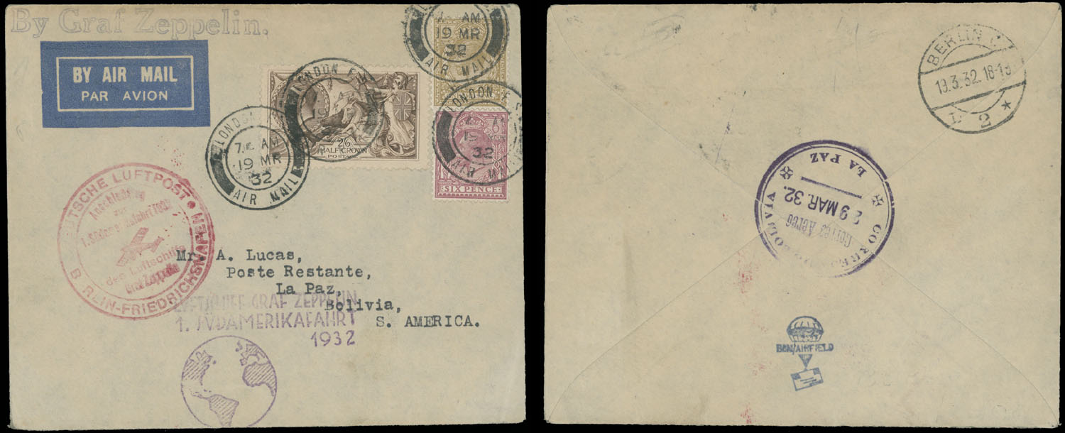 Lot 259 - 2. Worldwide Zeppelin Flights Great Britain - Raritan Stamps Inc. Auction #93 Worldwide Air Post stamps and postal history, Zeppelin Flight items, philatelic rarities of the World Lot 259 - 2. Worldwide Zeppelin Flights Great Britain - Raritan Stamps Inc. Auction #93 Worldwide Air Post stamps and postal history, Zeppelin Flight items, philatelic rarities of the World