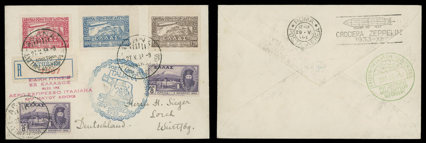 Lot 262 - 2. Worldwide Zeppelin Flights Greece - Raritan Stamps Inc. Auction #93 Worldwide Air Post stamps and postal history, Zeppelin Flight items, philatelic rarities of the World Lot 262 - 2. Worldwide Zeppelin Flights Greece - Raritan Stamps Inc. Auction #93 Worldwide Air Post stamps and postal history, Zeppelin Flight items, philatelic rarities of the World