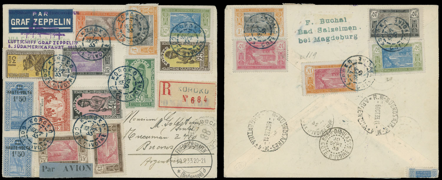 Lot 267 - 2. Worldwide Zeppelin Flights ivory coast - Raritan Stamps Inc. Auction #93 Worldwide Air Post stamps and postal history, Zeppelin Flight items, philatelic rarities of the World Lot 267 - 2. Worldwide Zeppelin Flights ivory coast - Raritan Stamps Inc. Auction #93 Worldwide Air Post stamps and postal history, Zeppelin Flight items, philatelic rarities of the World