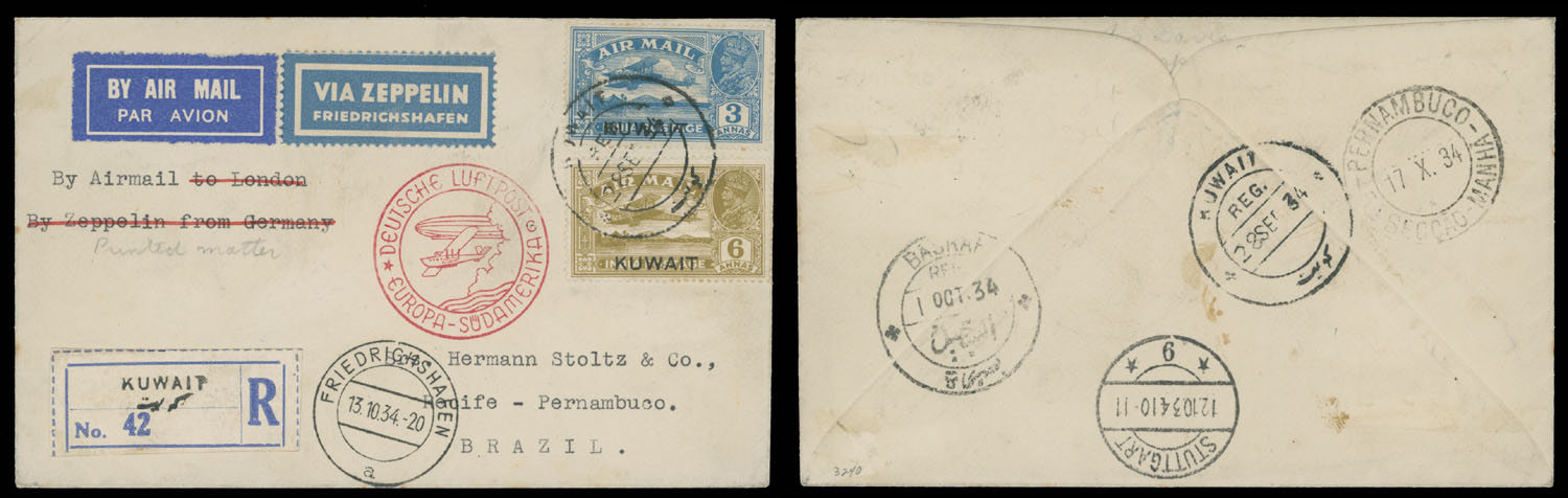 Lot 268 - 2. Worldwide Zeppelin Flights kuwait - Raritan Stamps Inc. Auction #93 Worldwide Air Post stamps and postal history, Zeppelin Flight items, philatelic rarities of the World Lot 268 - 2. Worldwide Zeppelin Flights kuwait - Raritan Stamps Inc. Auction #93 Worldwide Air Post stamps and postal history, Zeppelin Flight items, philatelic rarities of the World