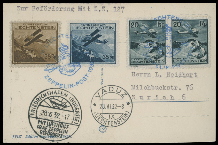 Lot 271 - 2. Worldwide Zeppelin Flights Liechtenstein - Raritan Stamps Inc. Auction #93 Worldwide Air Post stamps and postal history, Zeppelin Flight items, philatelic rarities of the World Lot 271 - 2. Worldwide Zeppelin Flights Liechtenstein - Raritan Stamps Inc. Auction #93 Worldwide Air Post stamps and postal history, Zeppelin Flight items, philatelic rarities of the World