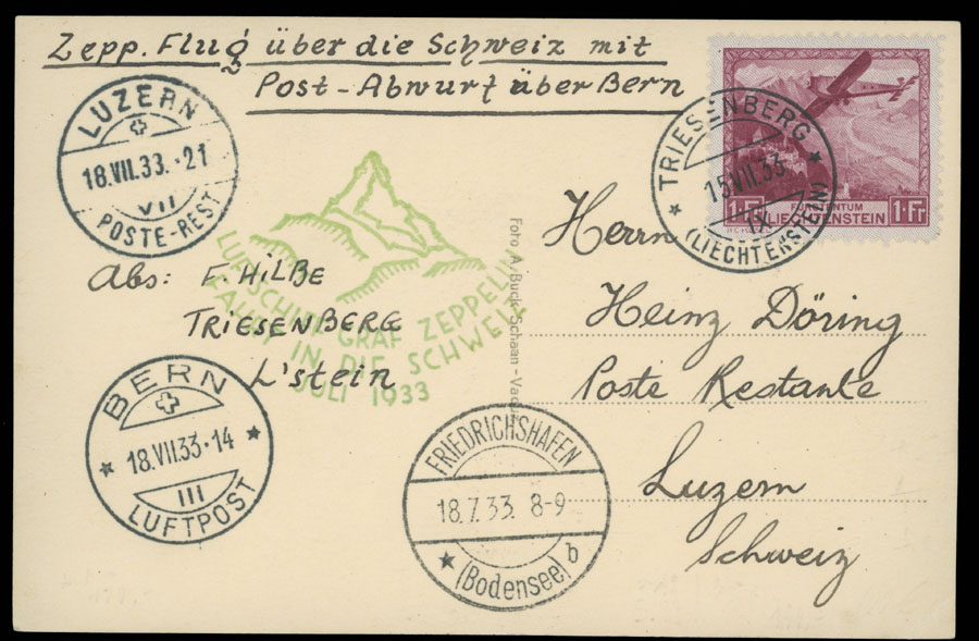 Lot 272 - 2. Worldwide Zeppelin Flights Liechtenstein - Raritan Stamps Inc. Auction #93 Worldwide Air Post stamps and postal history, Zeppelin Flight items, philatelic rarities of the World Lot 272 - 2. Worldwide Zeppelin Flights Liechtenstein - Raritan Stamps Inc. Auction #93 Worldwide Air Post stamps and postal history, Zeppelin Flight items, philatelic rarities of the World