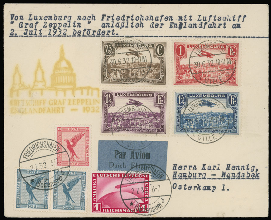 Lot 273 - 2. Worldwide Zeppelin Flights Luxembourg - Raritan Stamps Inc. Auction #93 Worldwide Air Post stamps and postal history, Zeppelin Flight items, philatelic rarities of the World Lot 273 - 2. Worldwide Zeppelin Flights Luxembourg - Raritan Stamps Inc. Auction #93 Worldwide Air Post stamps and postal history, Zeppelin Flight items, philatelic rarities of the World