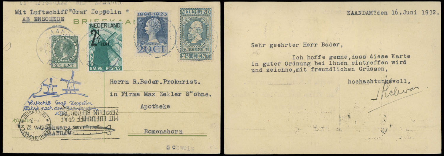 Lot 274 - 2. Worldwide Zeppelin Flights Netherlands - Raritan Stamps Inc. Auction #93 Worldwide Air Post stamps and postal history, Zeppelin Flight items, philatelic rarities of the World Lot 274 - 2. Worldwide Zeppelin Flights Netherlands - Raritan Stamps Inc. Auction #93 Worldwide Air Post stamps and postal history, Zeppelin Flight items, philatelic rarities of the World