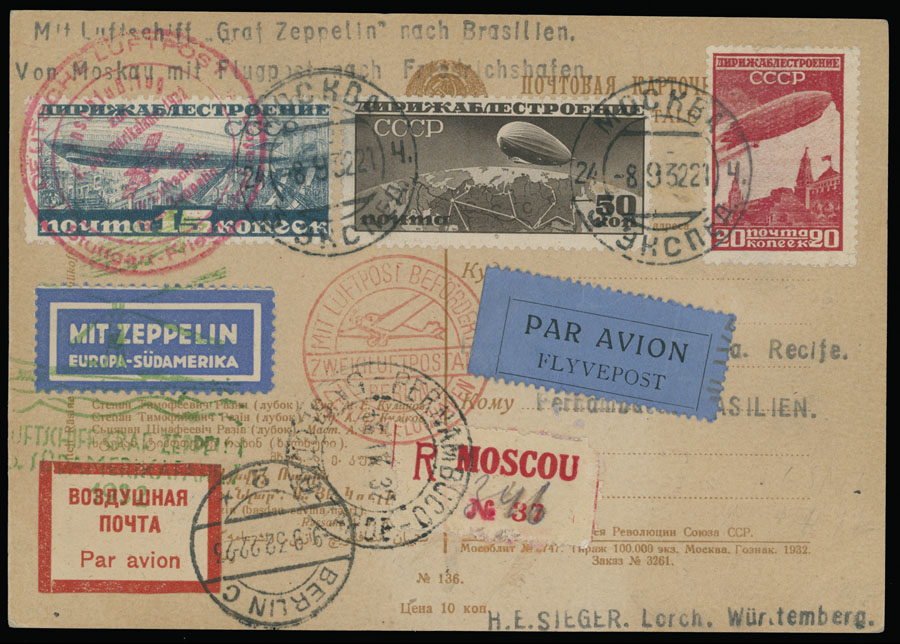 Lot 283 - 2. Worldwide Zeppelin Flights soviet union -  Raritan Stamps Inc. Auction #93 Worldwide Air Post stamps and postal history, Zeppelin Flight items, philatelic rarities of the World