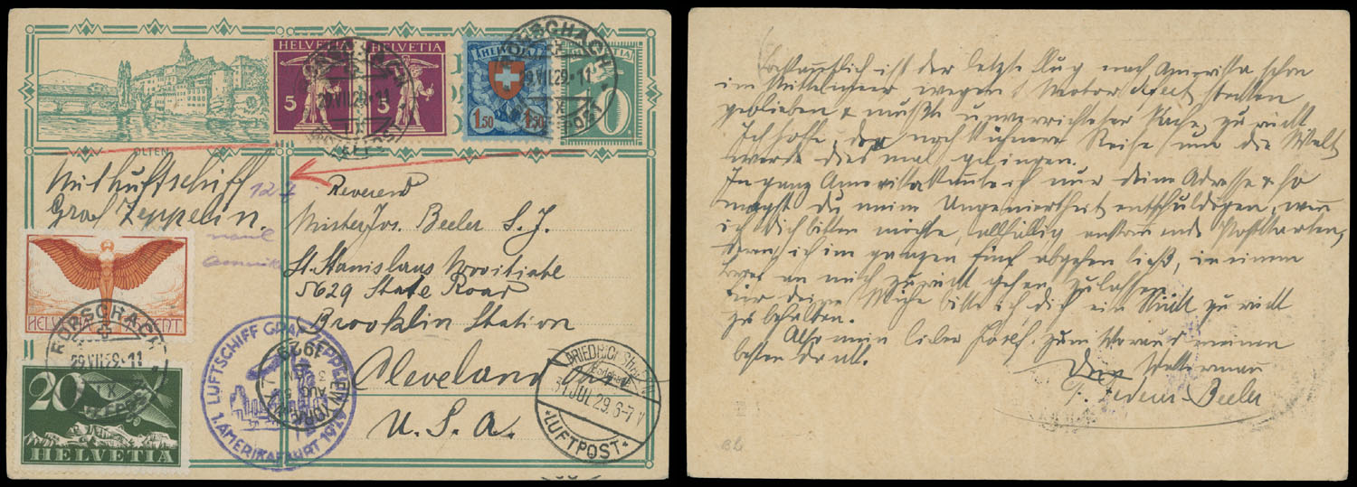 Lot 285 - 2. Worldwide Zeppelin Flights Switzerland -  Raritan Stamps Inc. Auction #93 Worldwide Air Post stamps and postal history, Zeppelin Flight items, philatelic rarities of the World