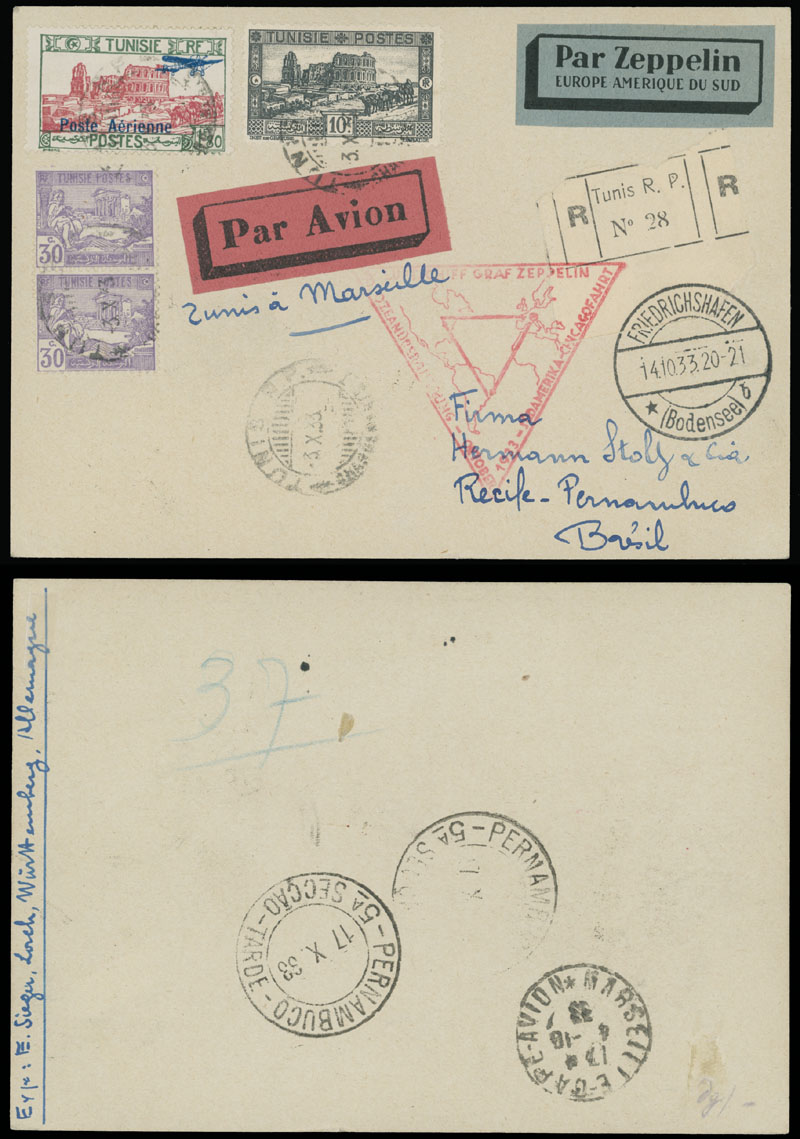 Lot 301 - 2. Worldwide Zeppelin Flights Tunisia - Raritan Stamps Inc. Auction #93 Worldwide Air Post stamps and postal history, Zeppelin Flight items, philatelic rarities of the World Lot 301 - 2. Worldwide Zeppelin Flights Tunisia - Raritan Stamps Inc. Auction #93 Worldwide Air Post stamps and postal history, Zeppelin Flight items, philatelic rarities of the World