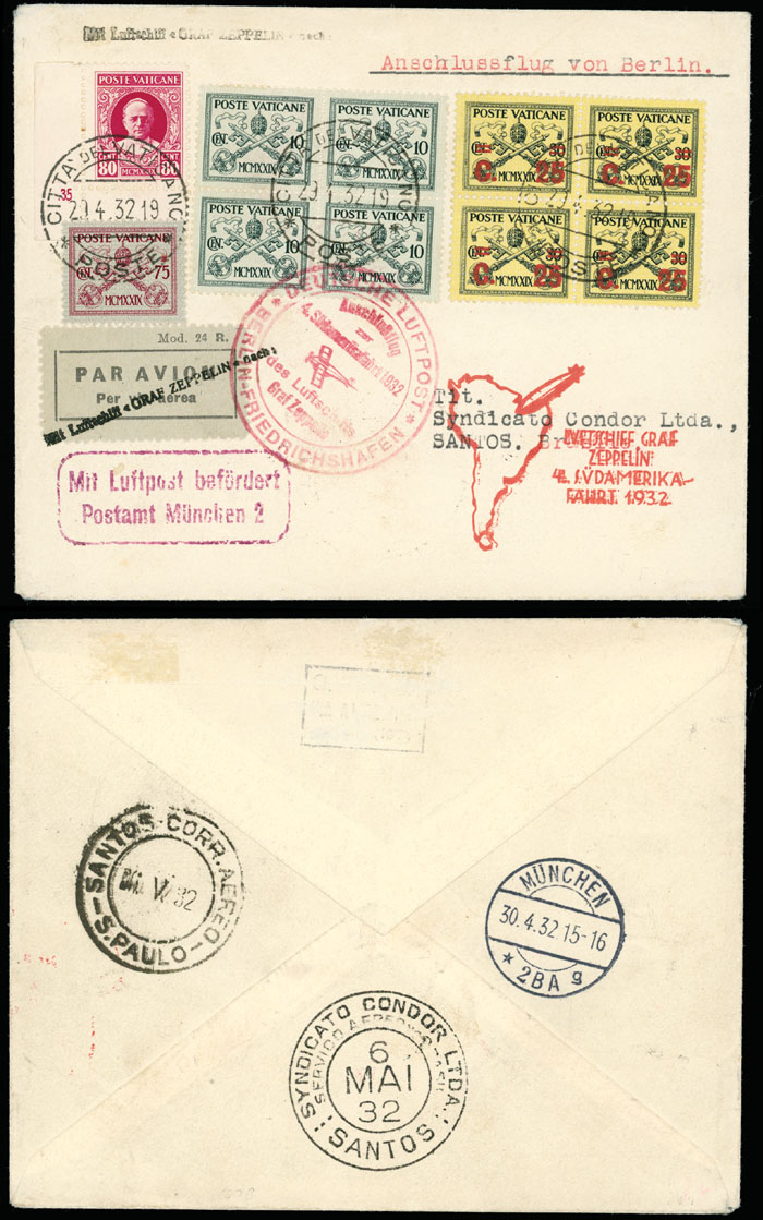 Lot 302 - 2. Worldwide Zeppelin Flights Vatican City - Raritan Stamps Inc. Auction #93 Worldwide Air Post stamps and postal history, Zeppelin Flight items, philatelic rarities of the World Lot 302 - 2. Worldwide Zeppelin Flights Vatican City - Raritan Stamps Inc. Auction #93 Worldwide Air Post stamps and postal history, Zeppelin Flight items, philatelic rarities of the World