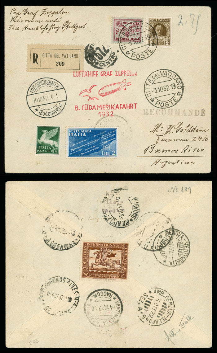 Lot 304 - 2. Worldwide Zeppelin Flights Vatican City - Raritan Stamps Inc. Auction #93 Worldwide Air Post stamps and postal history, Zeppelin Flight items, philatelic rarities of the World Lot 304 - 2. Worldwide Zeppelin Flights Vatican City - Raritan Stamps Inc. Auction #93 Worldwide Air Post stamps and postal history, Zeppelin Flight items, philatelic rarities of the World