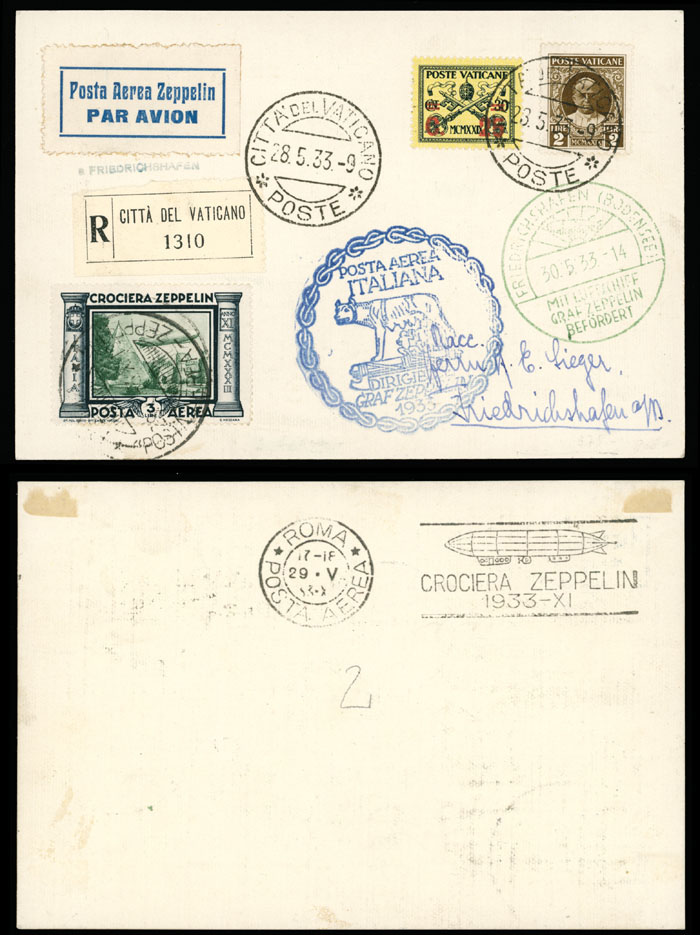 Lot 305 - 2. Worldwide Zeppelin Flights Vatican City - Raritan Stamps Inc. Auction #93 Worldwide Air Post stamps and postal history, Zeppelin Flight items, philatelic rarities of the World Lot 305 - 2. Worldwide Zeppelin Flights Vatican City - Raritan Stamps Inc. Auction #93 Worldwide Air Post stamps and postal history, Zeppelin Flight items, philatelic rarities of the World