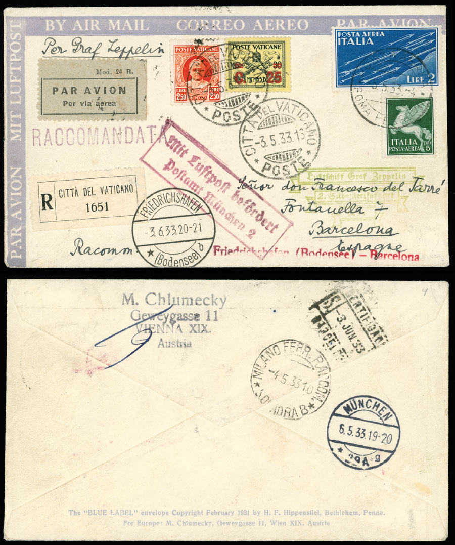 Lot 308 - 2. Worldwide Zeppelin Flights Vatican City - Raritan Stamps Inc. Auction #93 Worldwide Air Post stamps and postal history, Zeppelin Flight items, philatelic rarities of the World Lot 308 - 2. Worldwide Zeppelin Flights Vatican City - Raritan Stamps Inc. Auction #93 Worldwide Air Post stamps and postal history, Zeppelin Flight items, philatelic rarities of the World