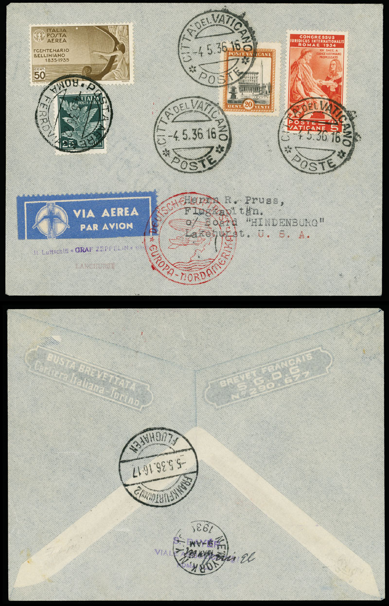 Lot 309 - 2. Worldwide Zeppelin Flights Vatican City - Raritan Stamps Inc. Auction #93 Worldwide Air Post stamps and postal history, Zeppelin Flight items, philatelic rarities of the World Lot 309 - 2. Worldwide Zeppelin Flights Vatican City - Raritan Stamps Inc. Auction #93 Worldwide Air Post stamps and postal history, Zeppelin Flight items, philatelic rarities of the World
