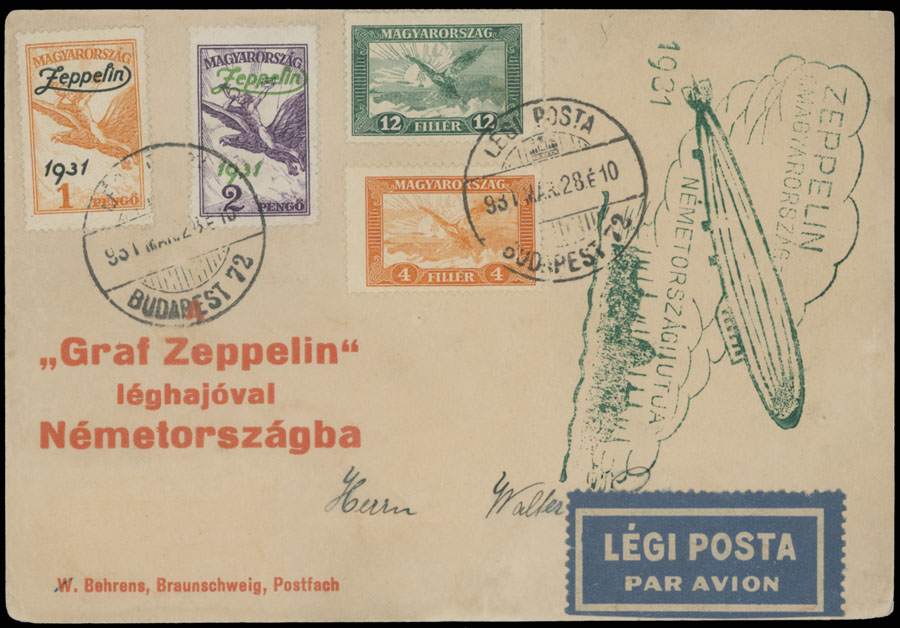 Lot 110 - 1. Worldwide Air Post Stamps and Postal History Hungary - Zeppelin Flight - Raritan Stamps Inc. Auction #96 Worldwide Air Post Stamps and Postal History, Philatelic Rarities of the World Lot 110 - 1. Worldwide Air Post Stamps and Postal History Hungary - Zeppelin Flight - Raritan Stamps Inc. Auction #96 Worldwide Air Post Stamps and Postal History, Philatelic Rarities of the World