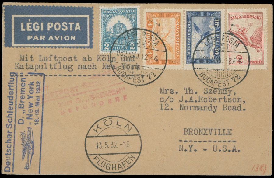 Lot 111 - 1. Worldwide Air Post Stamps and Postal History Hungary - Catapult Flight - Raritan Stamps Inc. Auction #96 Worldwide Air Post Stamps and Postal History, Philatelic Rarities of the World Lot 111 - 1. Worldwide Air Post Stamps and Postal History Hungary - Catapult Flight - Raritan Stamps Inc. Auction #96 Worldwide Air Post Stamps and Postal History, Philatelic Rarities of the World