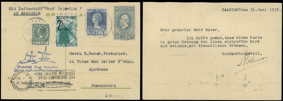 Lot 130 - 1. Worldwide Air Post Stamps and Postal History Netherlands - Zeppelin Flight -  Raritan Stamps Inc. Auction #96 Worldwide Air Post Stamps and Postal History, Philatelic Rarities of the World