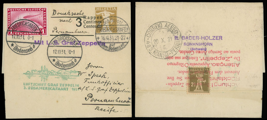 Lot 183 - 1. Worldwide Air Post Stamps and Postal History Switzerland - Zeppelin Flights - Raritan Stamps Inc. Auction #96 Worldwide Air Post Stamps and Postal History, Philatelic Rarities of the World Lot 183 - 1. Worldwide Air Post Stamps and Postal History Switzerland - Zeppelin Flights - Raritan Stamps Inc. Auction #96 Worldwide Air Post Stamps and Postal History, Philatelic Rarities of the World