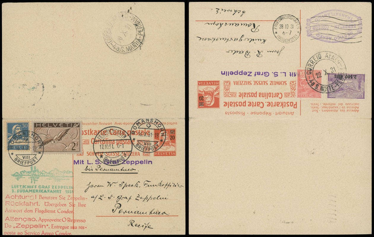 Lot 184 - 1. Worldwide Air Post Stamps and Postal History Switzerland - Zeppelin Flights - Raritan Stamps Inc. Auction #96 Worldwide Air Post Stamps and Postal History, Philatelic Rarities of the World Lot 184 - 1. Worldwide Air Post Stamps and Postal History Switzerland - Zeppelin Flights - Raritan Stamps Inc. Auction #96 Worldwide Air Post Stamps and Postal History, Philatelic Rarities of the World