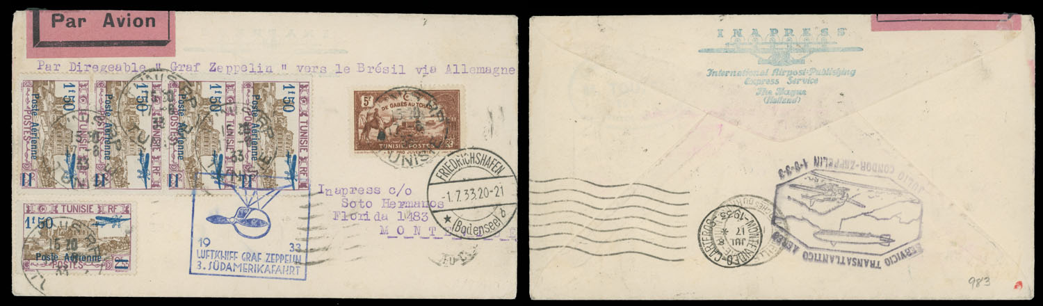 Lot 192 - 1. Worldwide Air Post Stamps and Postal History Tunisia - Zeppelin Flights - Raritan Stamps Inc. Auction #96 Worldwide Air Post Stamps and Postal History, Philatelic Rarities of the World Lot 192 - 1. Worldwide Air Post Stamps and Postal History Tunisia - Zeppelin Flights - Raritan Stamps Inc. Auction #96 Worldwide Air Post Stamps and Postal History, Philatelic Rarities of the World