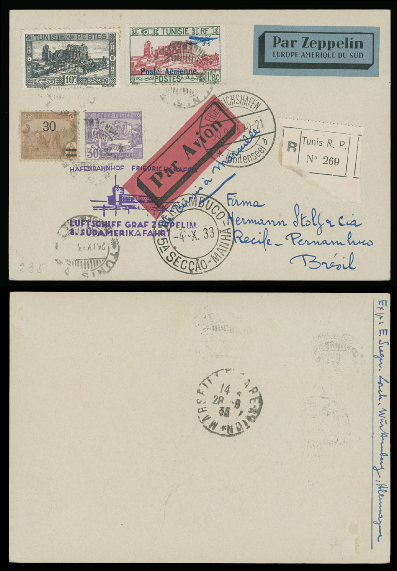 Lot 193 - 1. Worldwide Air Post Stamps and Postal History Tunisia - Zeppelin Flights - Raritan Stamps Inc. Auction #96 Worldwide Air Post Stamps and Postal History, Philatelic Rarities of the World Lot 193 - 1. Worldwide Air Post Stamps and Postal History Tunisia - Zeppelin Flights - Raritan Stamps Inc. Auction #96 Worldwide Air Post Stamps and Postal History, Philatelic Rarities of the World