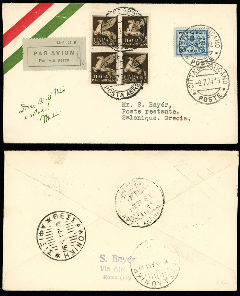 Lot 195 - 1. Worldwide Air Post Stamps and Postal History Vatican City - Pioneer Flights - Raritan Stamps Inc. Auction #96 Worldwide Air Post Stamps and Postal History, Philatelic Rarities of the World Lot 195 - 1. Worldwide Air Post Stamps and Postal History Vatican City - Pioneer Flights - Raritan Stamps Inc. Auction #96 Worldwide Air Post Stamps and Postal History, Philatelic Rarities of the World