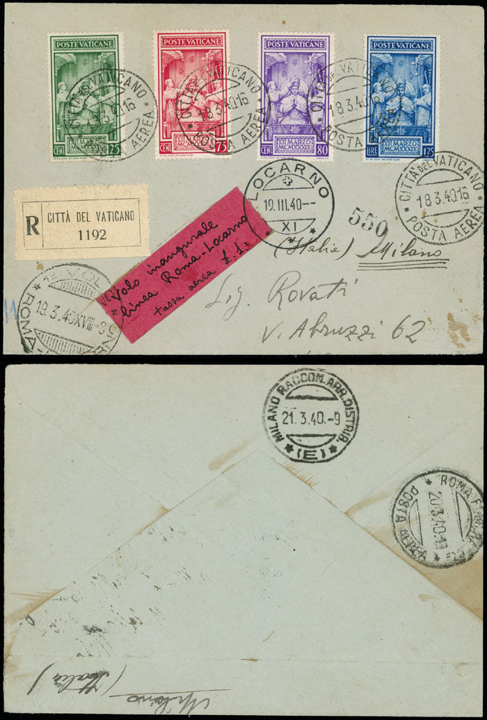 Lot 198 - 1. Worldwide Air Post Stamps and Postal History Vatican City - Pioneer Flights - Raritan Stamps Inc. Auction #96 Worldwide Air Post Stamps and Postal History, Philatelic Rarities of the World Lot 198 - 1. Worldwide Air Post Stamps and Postal History Vatican City - Pioneer Flights - Raritan Stamps Inc. Auction #96 Worldwide Air Post Stamps and Postal History, Philatelic Rarities of the World