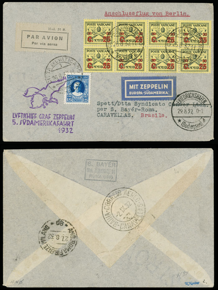 Lot 199 - 1. Worldwide Air Post Stamps and Postal History Vatican City - Zeppelin Flights - Raritan Stamps Inc. Auction #96 Worldwide Air Post Stamps and Postal History, Philatelic Rarities of the World Lot 199 - 1. Worldwide Air Post Stamps and Postal History Vatican City - Zeppelin Flights - Raritan Stamps Inc. Auction #96 Worldwide Air Post Stamps and Postal History, Philatelic Rarities of the World