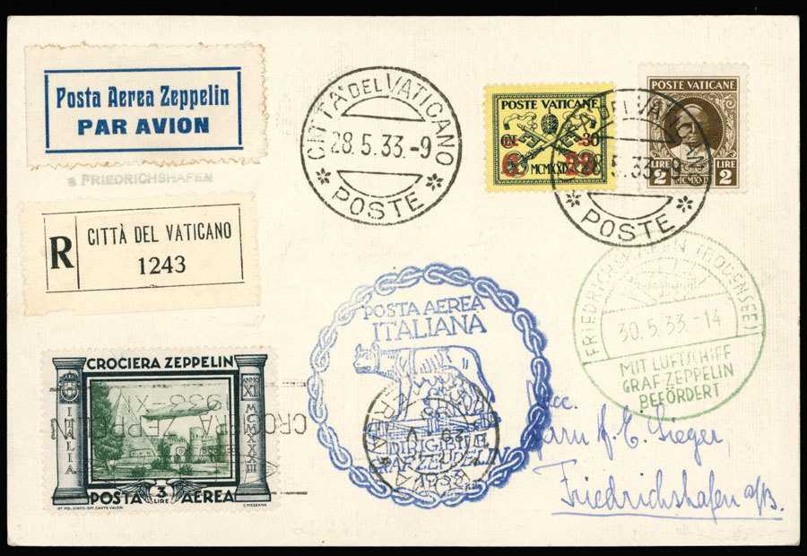 Lot 201 - 1. Worldwide Air Post Stamps and Postal History Vatican City - Zeppelin Flights - Raritan Stamps Inc. Auction #96 Worldwide Air Post Stamps and Postal History, Philatelic Rarities of the World Lot 201 - 1. Worldwide Air Post Stamps and Postal History Vatican City - Zeppelin Flights - Raritan Stamps Inc. Auction #96 Worldwide Air Post Stamps and Postal History, Philatelic Rarities of the World