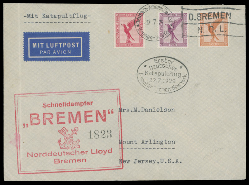 Lot 96 - 1. Worldwide Air Post Stamps and Postal History Germany - S.S. Bremen Catapult Flight - Raritan Stamps Inc. Auction #96 Worldwide Air Post Stamps and Postal History, Philatelic Rarities of the World Lot 96 - 1. Worldwide Air Post Stamps and Postal History Germany - S.S. Bremen Catapult Flight - Raritan Stamps Inc. Auction #96 Worldwide Air Post Stamps and Postal History, Philatelic Rarities of the World