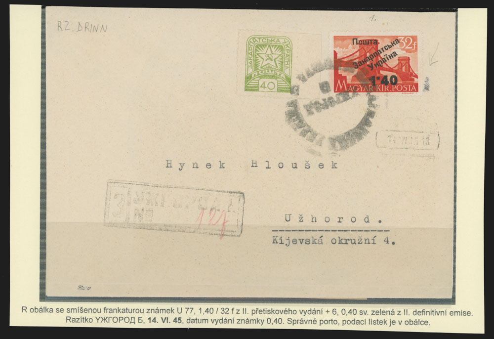 Lot 509 - 10. Uzhgorod Issues - Postal History Items - Raritan Stamps Inc. The Jiří Majer Collection of Carpatho - Ukraine 1944-1945, Live Bidding Auction #98 Lot 509 - 10. Uzhgorod Issues - Postal History Items - Raritan Stamps Inc. The Jiří Majer Collection of Carpatho - Ukraine 1944-1945, Live Bidding Auction #98